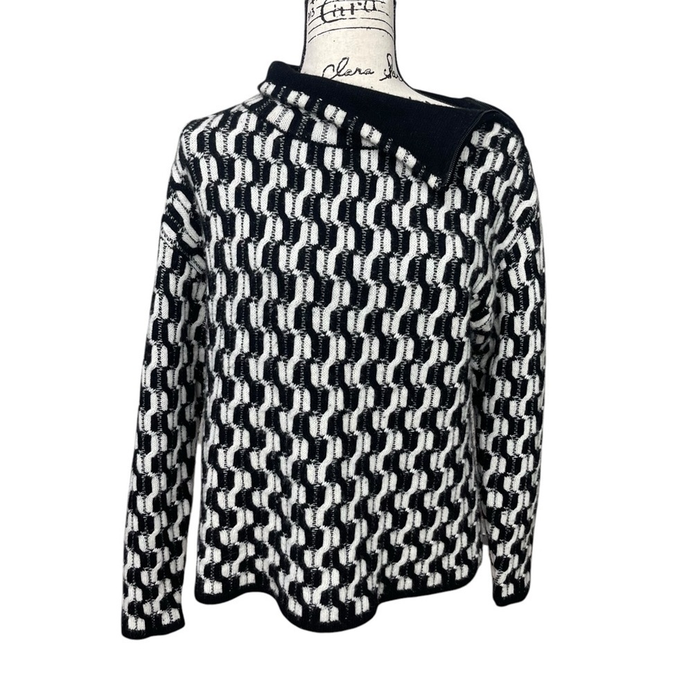 Nordstrom 100% Cashmere Textured Double Knit Funnel Neck Black White Sweater XS